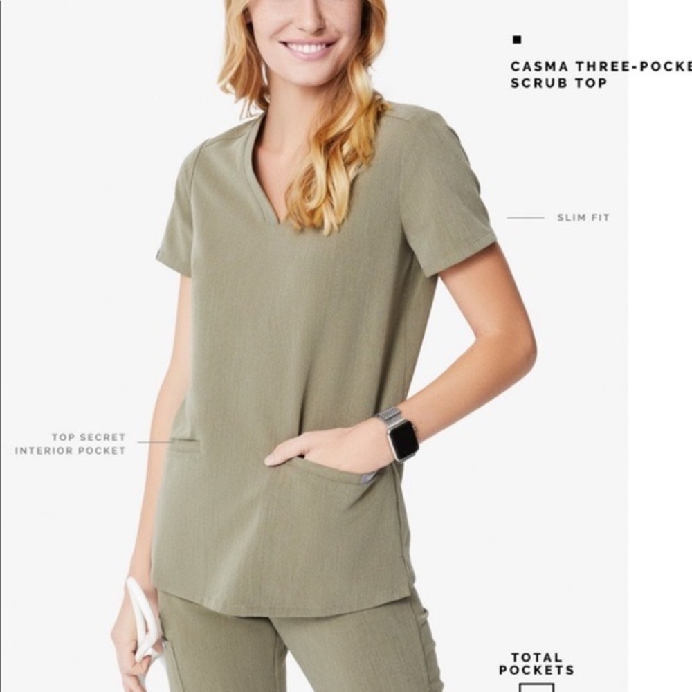 FIGS Heather Olive Catarina (medium) + Livingston pants (medium/regular)